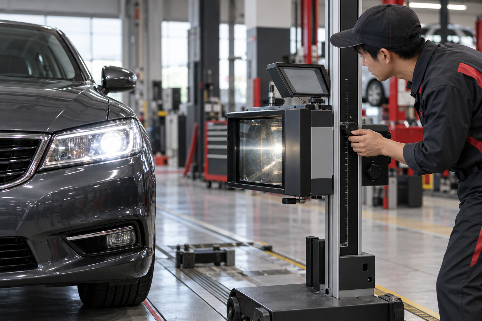 車両のヘッドライト検査機器を操作する検査員のイメージ